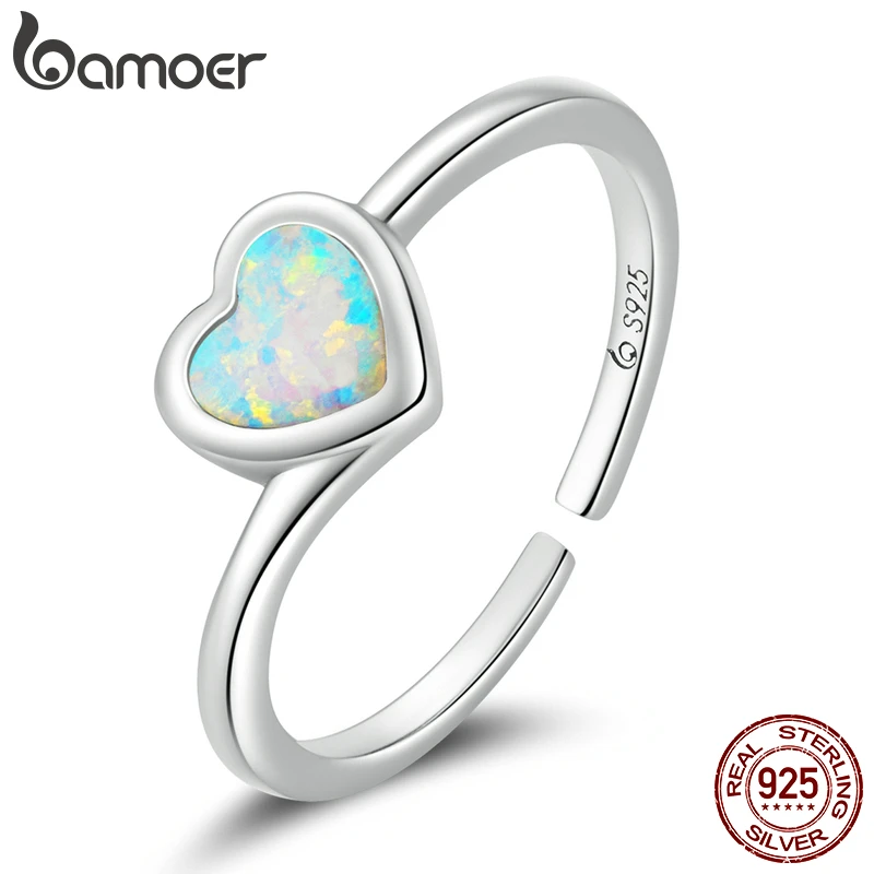 Bamoer Authentic 925 Sterling Silver Heart-Shaped Opal Ring for Women Adjustable Love Ring Fine Jewelry Valentine's Day Gift