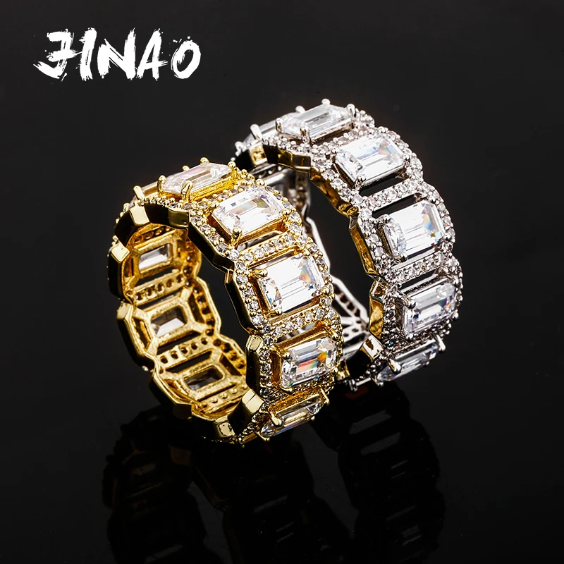 JINAO Four claws Baguette Rings High Quality Copper Iced Out Micro Pave RINGS Hip Hop Fashion Jewelry Gift For Men Women