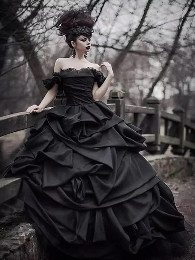 สีดำ Gothic Garden ชุดแต่งงาน2022 Plus Size Off Shoulder Cascading Ruffles ลูกไม้-Up Corset ลูกไม้ชุดเจ้าสาว Mariage