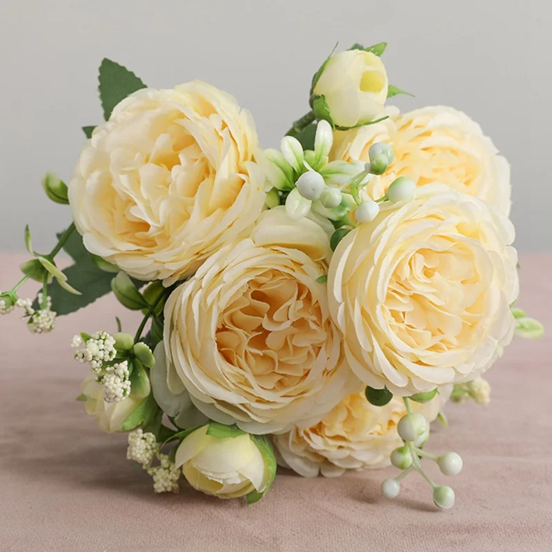 Schöne Rosen-Pfingstrose, künstliche Seidenblumen, kleine weiße Blumenstrauß-Vasen für Zuhause, Party, Winter, Hochzeit, Dekoration, günstige gefälschte Pflanze