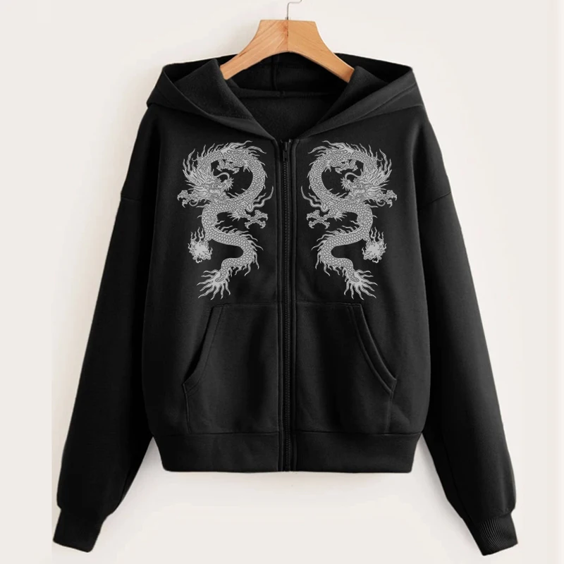 Y2K Hip Hop Chinese Dragon Zip Up Oversized Sweatshirt 2021 Winter Goth Hoodies Women Grunge Hooded Jacket Streetwear Retro Coat