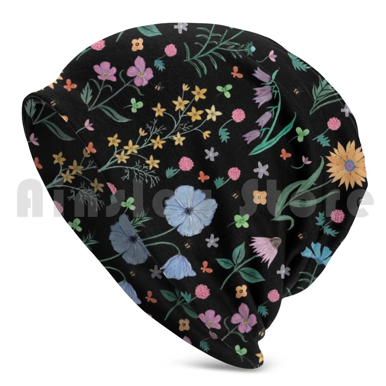 Spring Garden Tossed Pattern , Dark Background Beanies Knit Hat Hip Hop Watercolor Gouache Floral Flowers