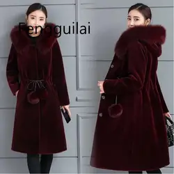 Winter Women  Long Fur Coat  Warm  ladies jacket  High Quality Water Velvet Coat Hooded faux fur Coat Black sheepskin Coat