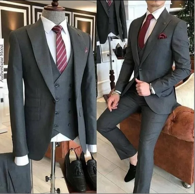 

Business Men Suit 2024 Costume Homme Peaked Lapel Dark Grey Dinner Party Groom Wear Men Wedding Suits For Men Prom Tuxedo Blazer