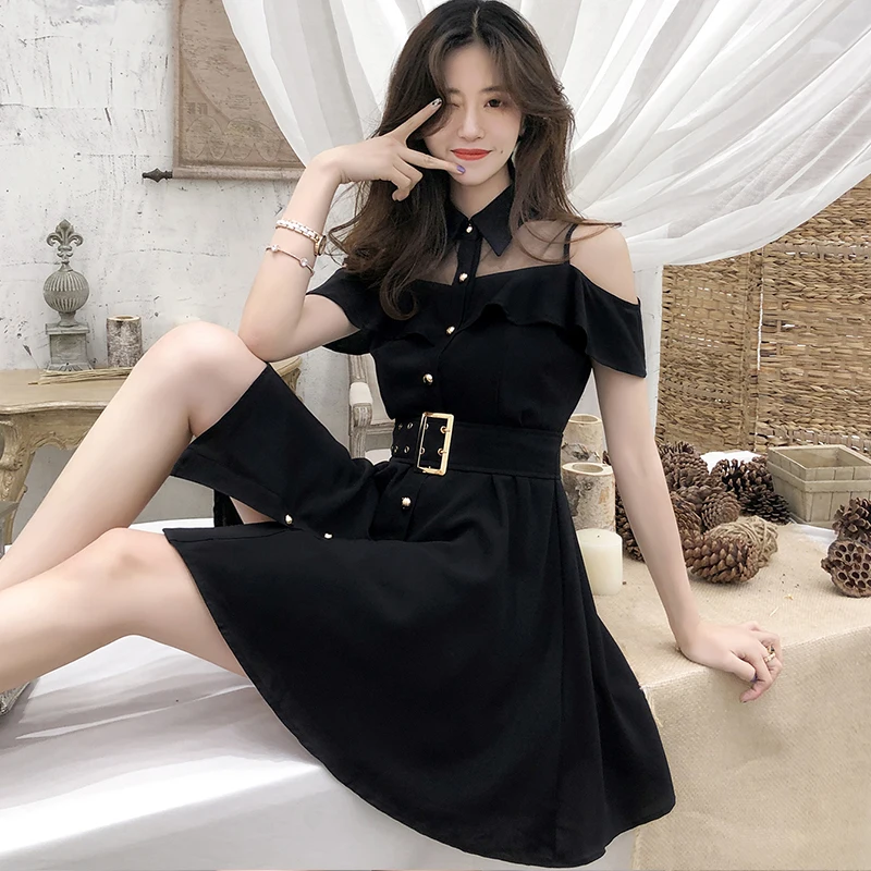 Women\'s Single-Breasted Gothic Dress Black Off Shoulder Mesh Patchwork Female Mini Dresses Belted New Summer 2024