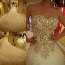 Custom Made Luxury A Line Wedding Dresses Netting Satin Applique Beading Crystals Floor Length Bridal Gown Chapel Train Corset