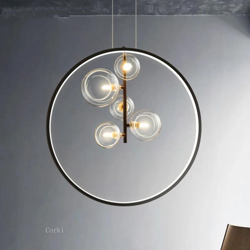 Modern Suspension Round Ring Pendant Light Glass Ball Lampshades Black Dining Furniture Living Rroom Home Decoration Accessories