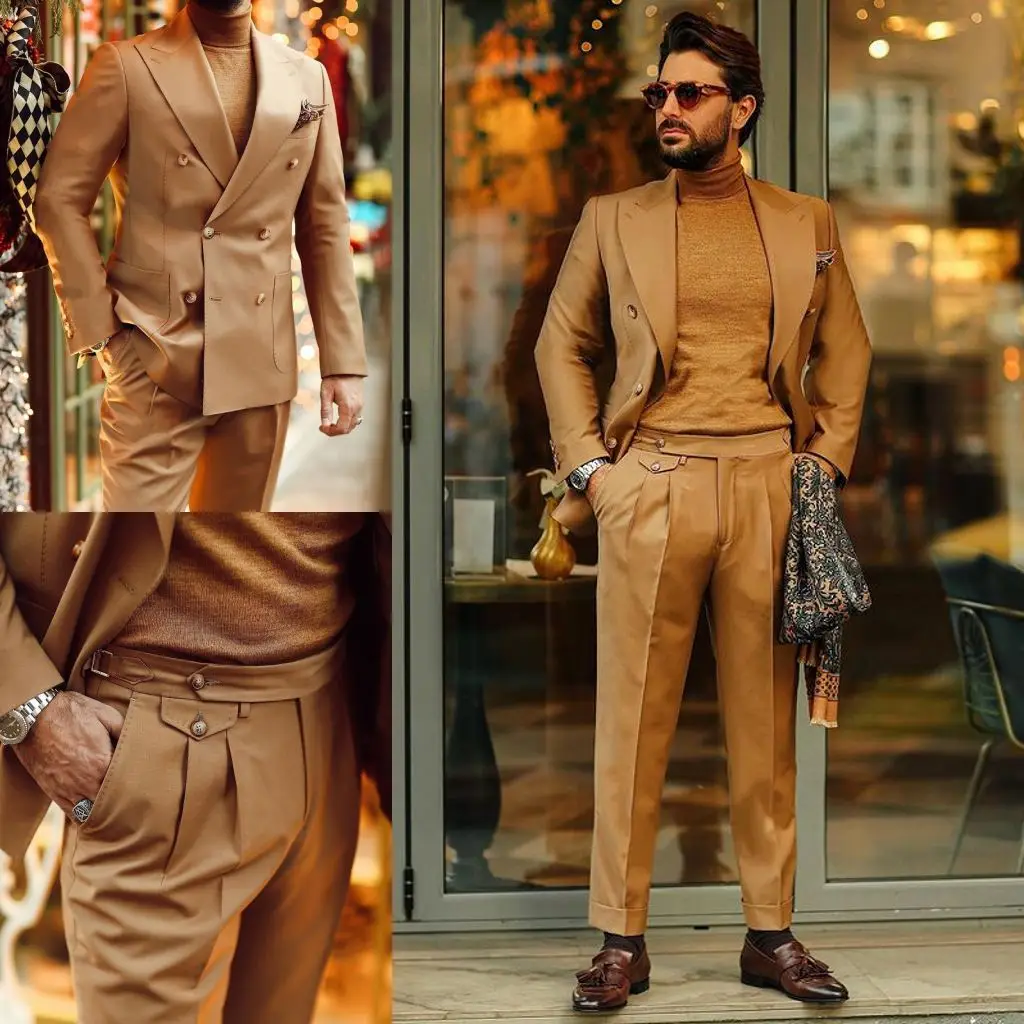 

New Double Breasted Brown Mens Pants Suits High Quality Jacket Business Party Prom Wedding Blazer Tuxedos Custom 2 Piece