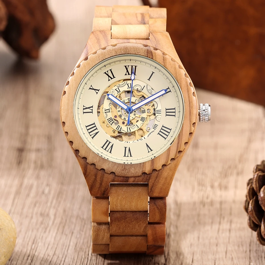 Olive Wood Luminous Needle Automatic Watch for Men Roman Numeral Yellow Adjustable Wooden Band Skeleton Mechanical Wristwatches