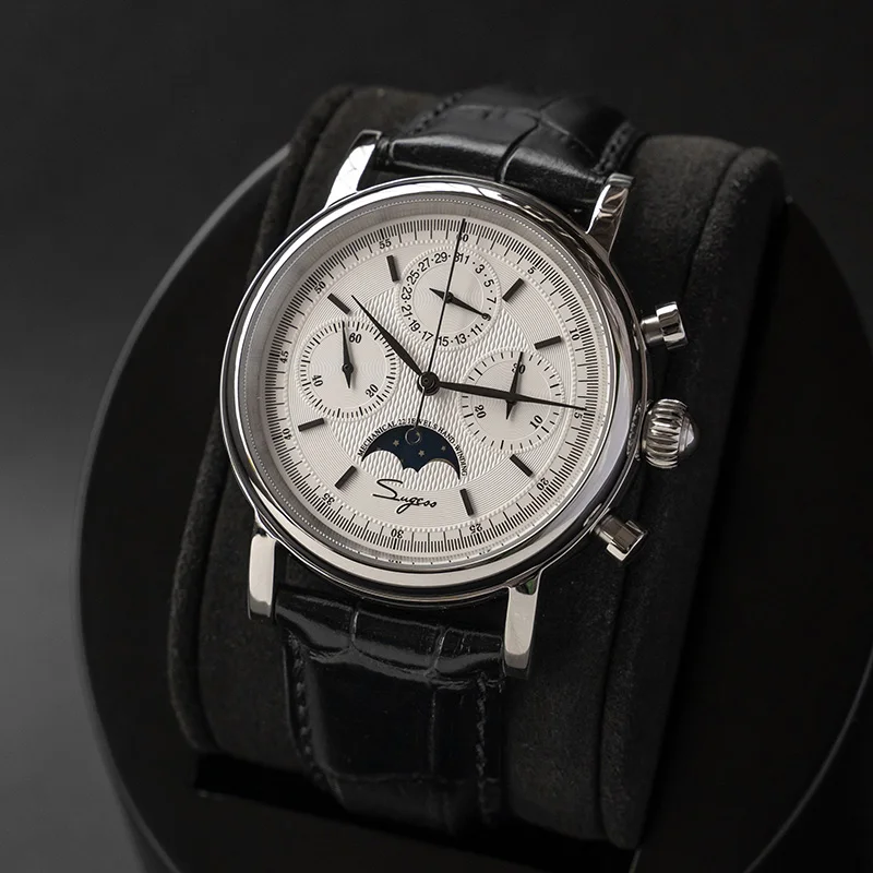 Sugess Chronograph ST1908 Movement Vintage Leather Watch Hand Winding Mechanical 59 Wheels Genuine Moonphase Calendar