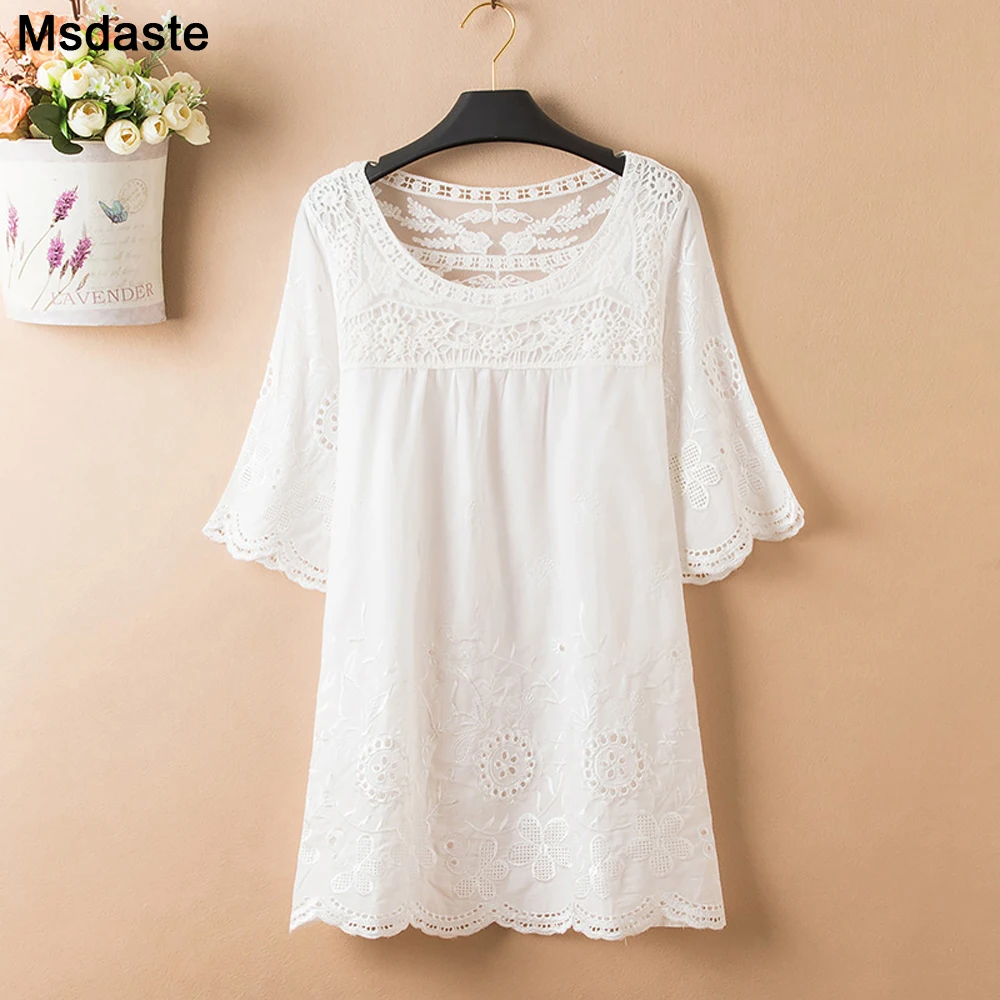 Tunic Tops for Women Summer Chinese Blouses Cotton Vintage Embroidery Loose Ladies Shirts Plus Size XL~3XL Woman Top and Blouse