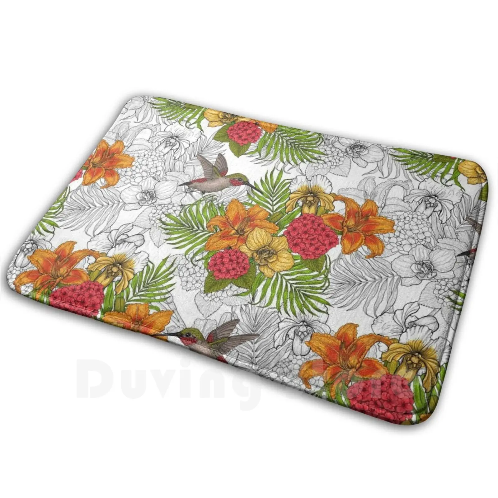 Hummingbirds And Tropical Bouquet Carpet Mat Rug Cushion Soft Hummingbird Bird Botanical Bouquet Floral Lily Daylily