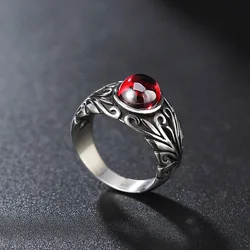 Vintage Stainless Steel Carved Red Stone Ring For Men Women Punk Fashion Red Garnet Natural Gemstone Ring Men Jewelry Gift