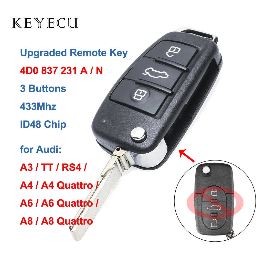 

Keyecu Upgraded Flip Remote Car Key Fob 433MHz ID48 Chip for Audi TT RS4 A3 A4 A6 A8 Quattro P/N: 4D0837231A / 4D0837231N