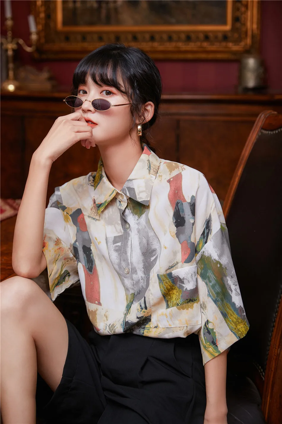 CHEERART Summer Short Sleeve Shirt Women Tops And Blouses Button Up Loose Korean Shirt Fashion Print Blouse 2020