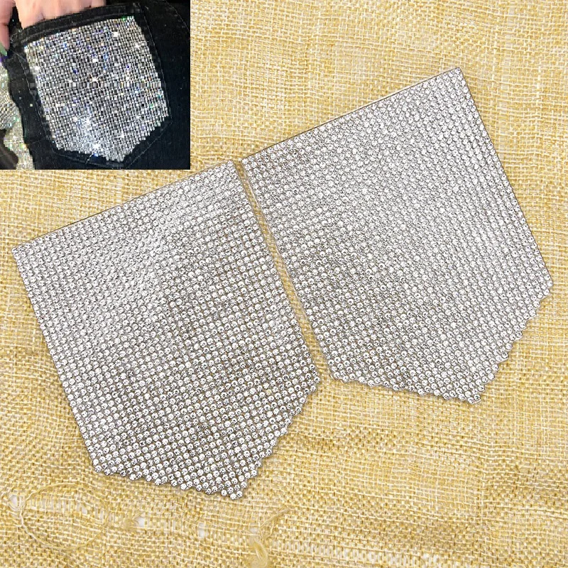 

Bling Iron on Strass Rhinestone Pocket Shape Motif Patches Hot Fix Crystal Sticker Applique for Jeans Clothing Decoration