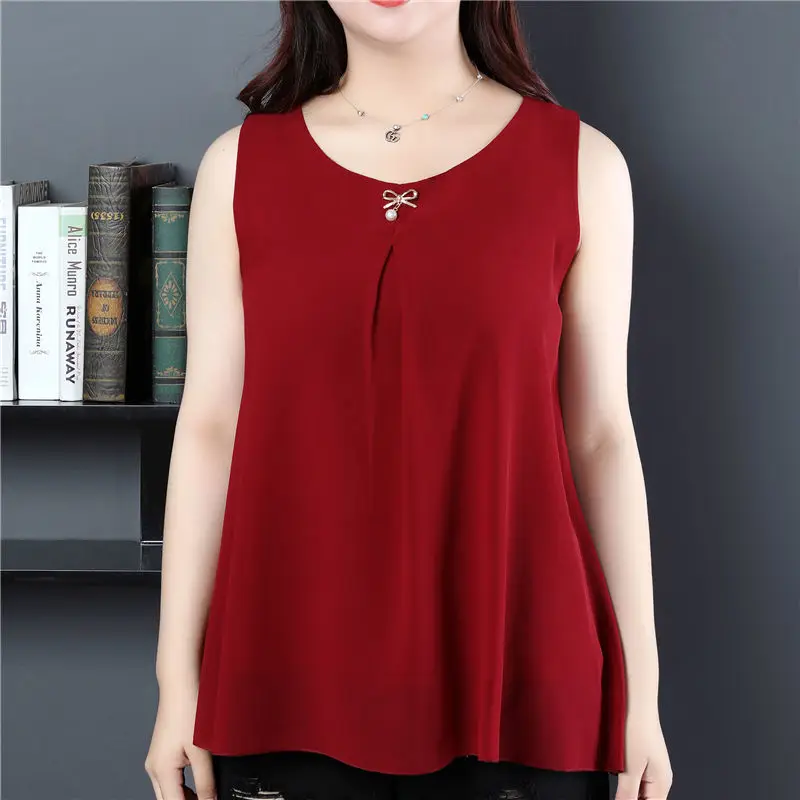 Obesity Women Chiffon Shirt  2025 New Summer Sleeveless O-neck Blouse Casual Solid White/Red Loose Oversized Female Tops