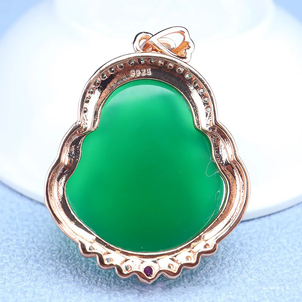 Natural Agate Green Chalcedony Laughing Buddha Pendant Maitreya Buddha Women's Fashion Necklace Pendant Jewelry