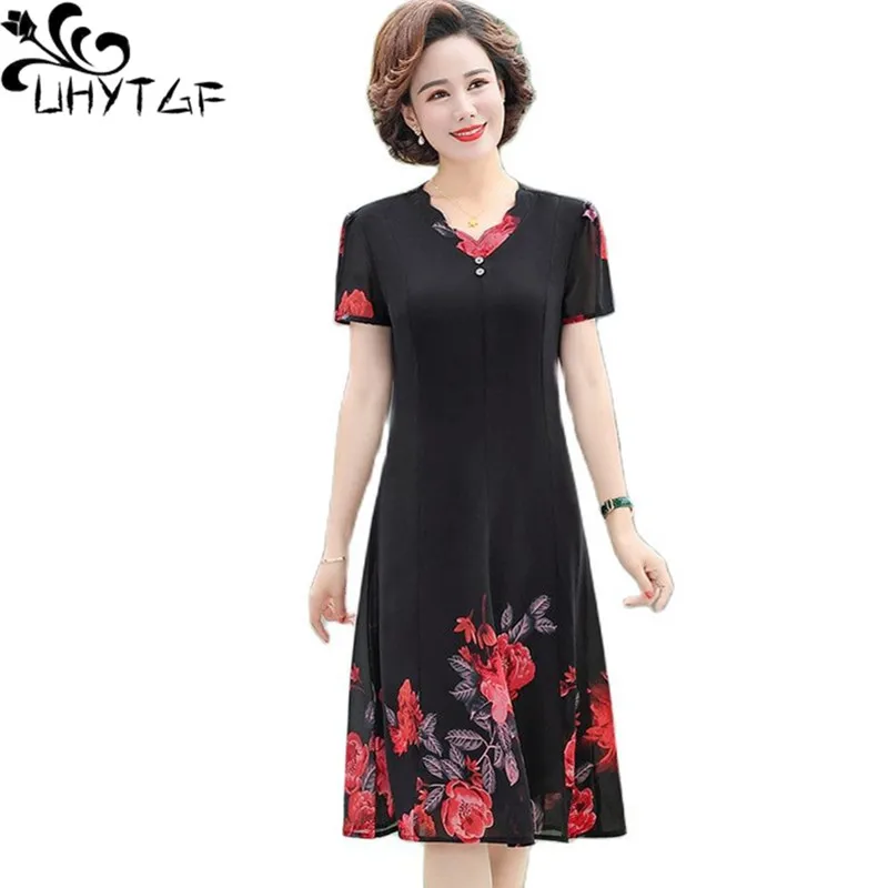 

UHYTGF Summer Dress Women New Fashion Printed Slim Thin Chiffon Beach Dress Middle-Aged Female 5XL Loose Size Dresses Vestido 10