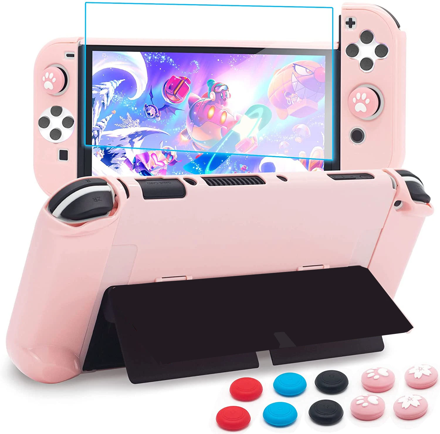 Anti-Scratch Protective Cover Dockable Case with Tempered Glass Screen Protector and Thumb Stick Caps For Nintendo Switch Oled