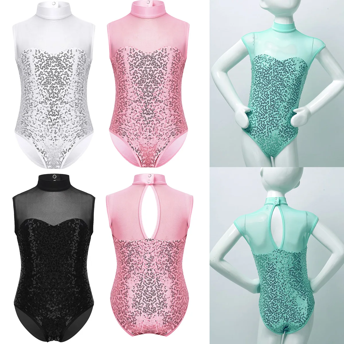 Gymnastics Leotard for Girls Ballet Tutu Sparkly Sequins Sleeveless Mock Neck Tulle Splice Keyhole Back Ballet Dance Jumpsuit