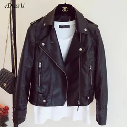 eDressU Woman PU Leather Jacket Short Black Casual Coat Motor Biker Jacket Fit Daily Streetwear Fashion Outwear ZX-1