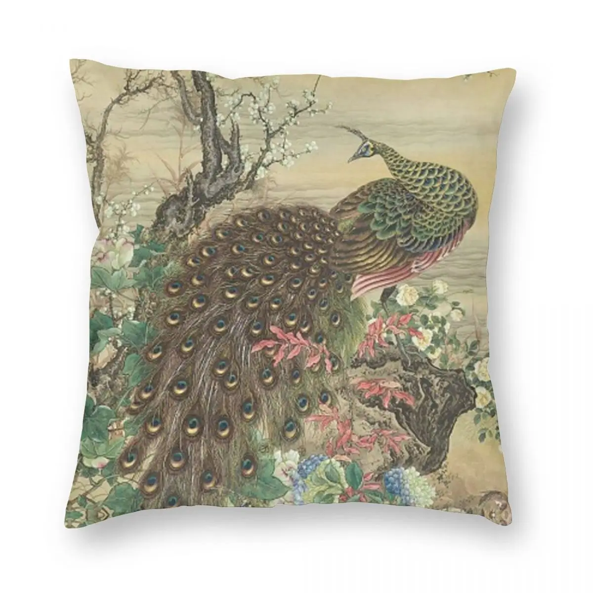 

Lady Peacock Chinoiserie Square Pillowcase Polyester Linen Velvet Pattern Zip Decor Pillow Case Sofa Seater Cushion Cover