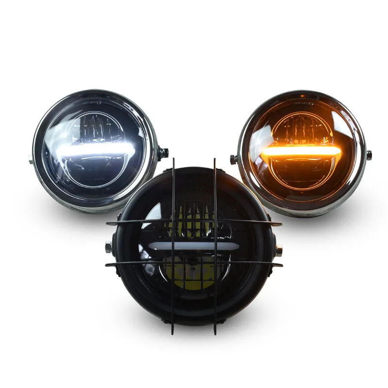 E-stamp 6.5 Inch Universal Retro Motorcycle Modification Driving LED Headlamp Yellow White Light With Grill Guard For GN125 250