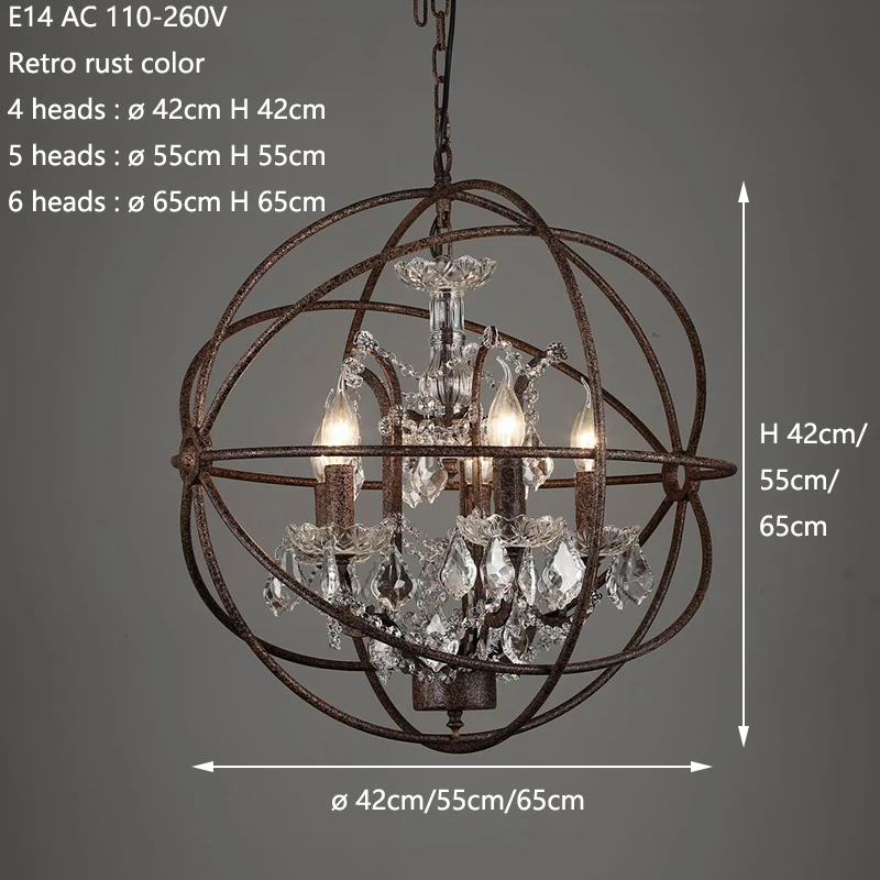 Retro Vintage Rust Iron Globe Chandeliers E14 LED Big Style Crystal Chandelier Lustre Living Room Restaurant Bar Lamp Lighting