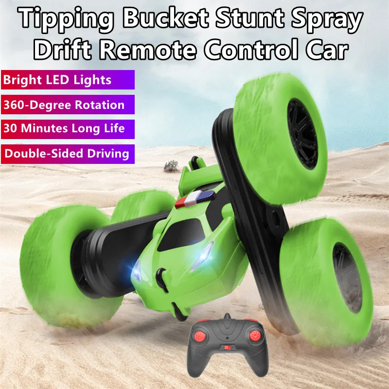 

Tipping Bucket Stunt Spray Drift Remote Control Car 30Mins Double-Sided Driving 45° Climbing Dynamic Music Desert Tires RC Truck