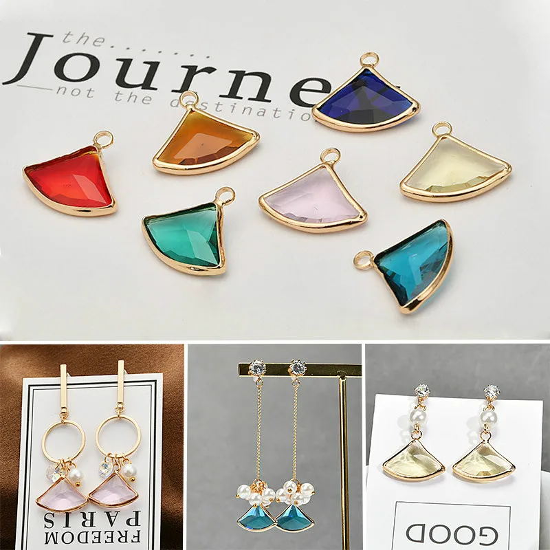 Color preserving copper material exquisite hanging, plated, fan-shaped crystal glass DIY Earrings Pendant pendant.