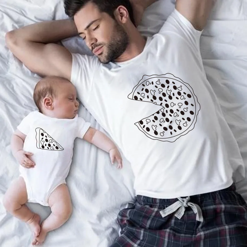 2020 Funny Family Matching Clothes Funny Pizza Print Father Son Mom Daughter Clothes White Casual T-shirt Matching Sets