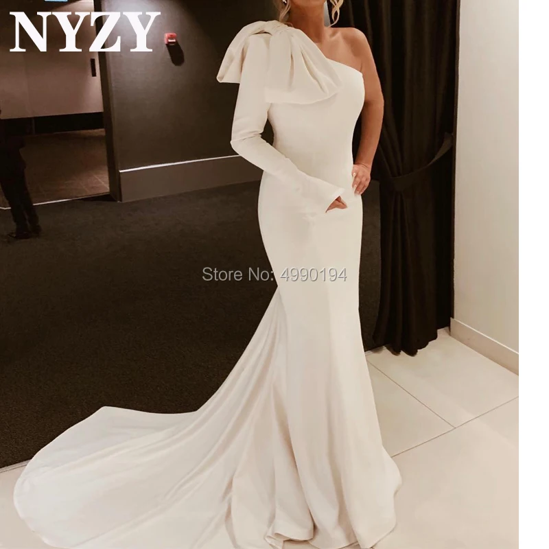 

White Evening Dress NYZY E219 One Long Sleeve Evening Gown Mermaid Formal Dress Party Prom Robe de Soiree