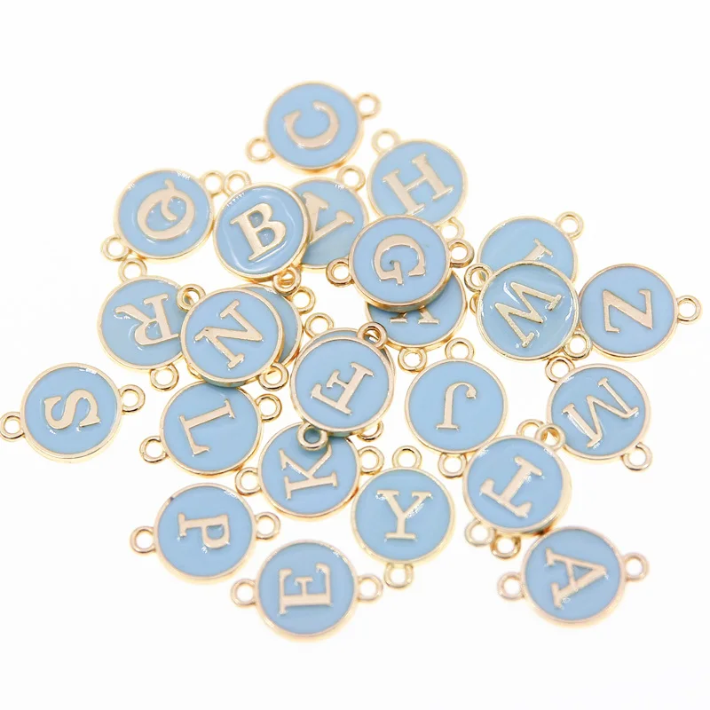 10/26pcs/lot Blue Double hanging ring Letter Charms Enamel For Jewelry Making Alphabet Initial Pendant For DIY Accessories