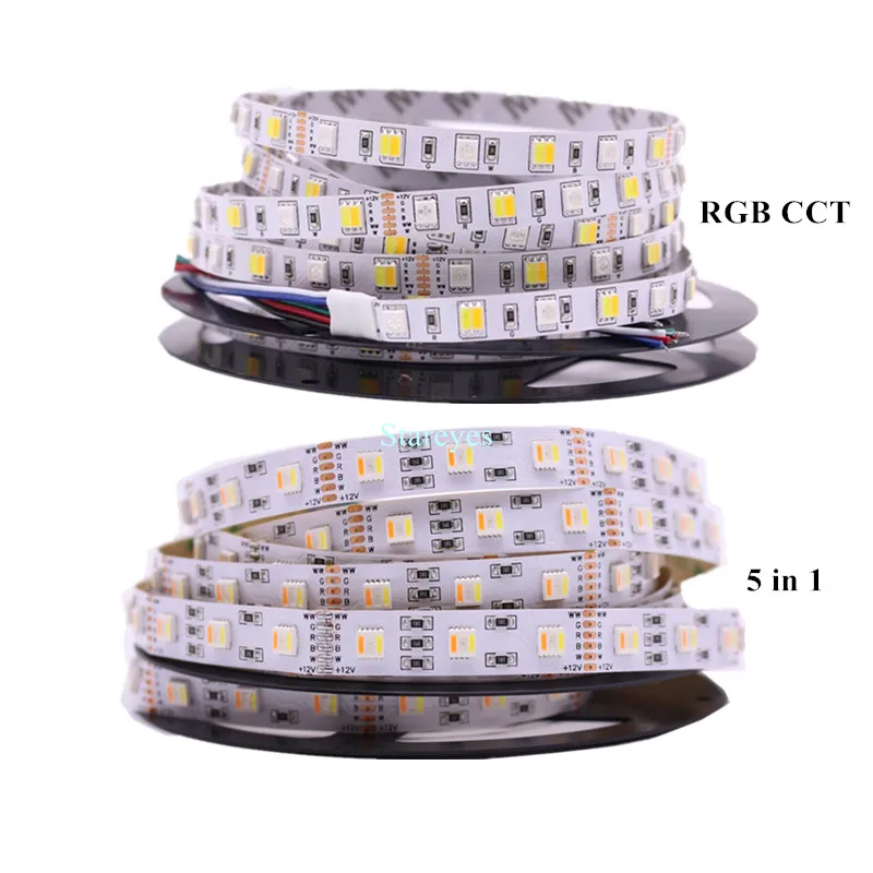 Tira de luces LED SMD 5050, cinta de luz CCT 4 en 1, 60LED/m, cc 12V, CC 24V, 5m, blanco cálido, RGB, RGBW, RGBWW, 5 en 1