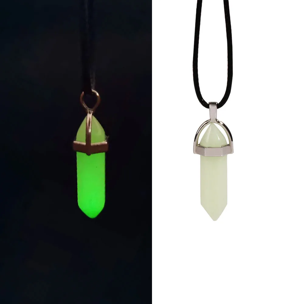 Glowing in Dark Bullet Fluorescent Hexagonal Column Necklace Dark Luminous Stone Pendant Necklace for Women Men Jewelry