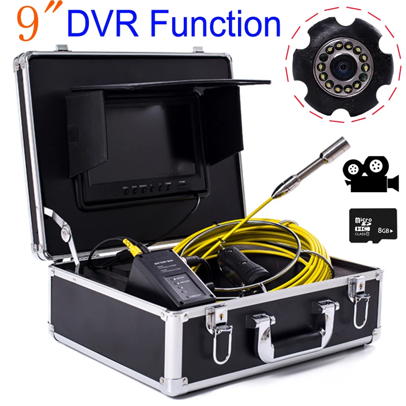 9'' Screen Drain Sewer Pipe Inspection Waterproof Video Camera 23mmCamera Head 1000TVL 12pcs LEDS