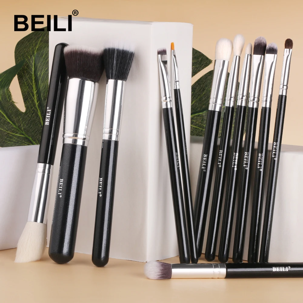 BEILI Black 12pcs  Makeup Brushes   Goat Hair Eye shadow Concealer Foundation Makeup Brush Set Nano Fiber Blush Make up Tools