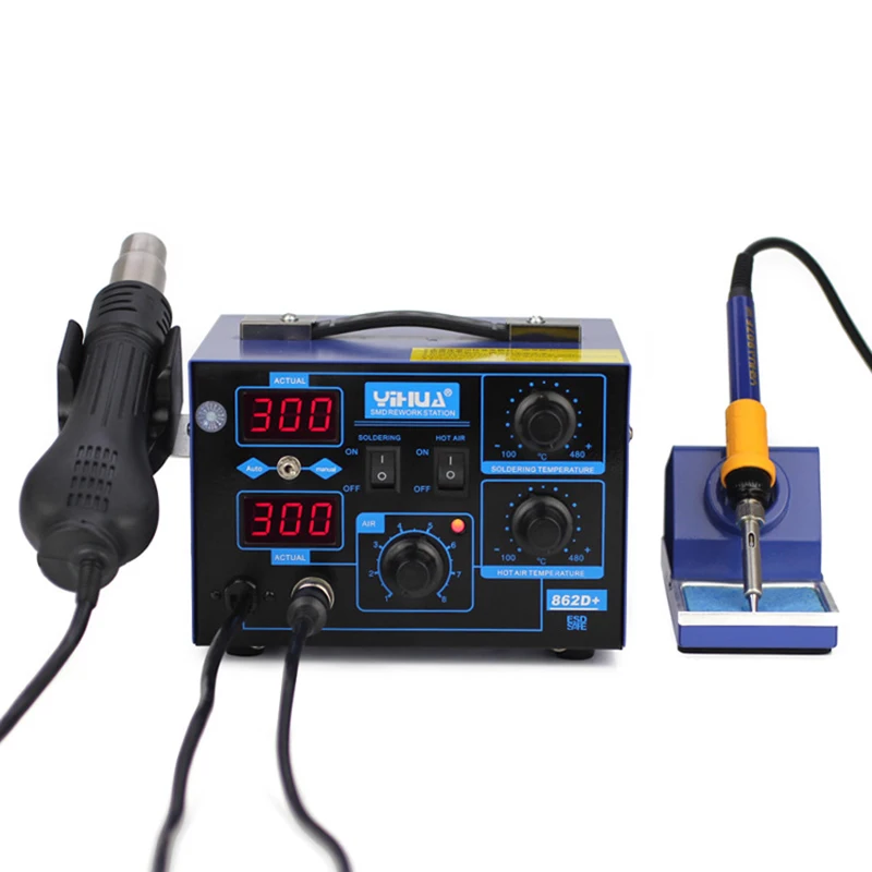 YIHUA 862D+ 2 in 1 Soldering station 650W SMD Hot Air Gun + 60W Soldering Iron + 600W YIHUA 853A Preheating Station