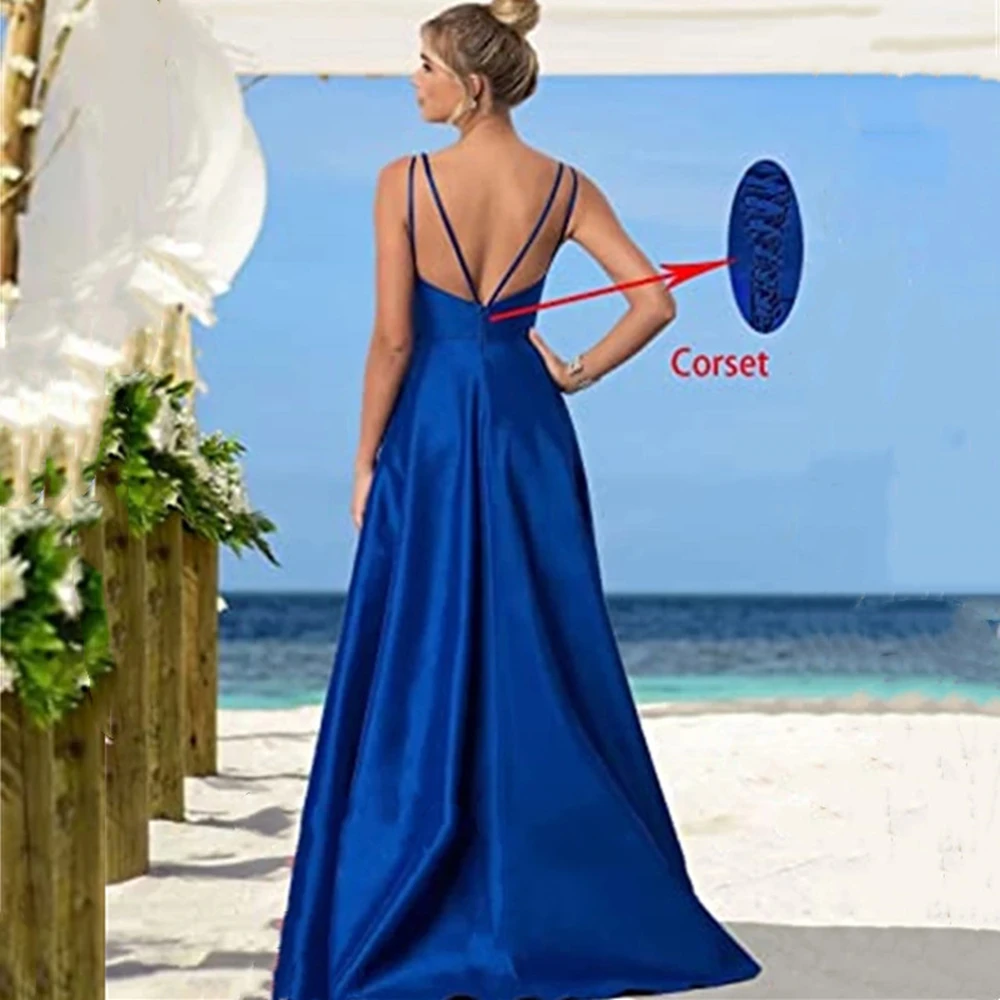 Sexy A-Line Royal Blue Evening Dress 2023 Spaghetti Straps Sleeveless V-Neck Prom Gown Women Backless Split Robes De Soirée