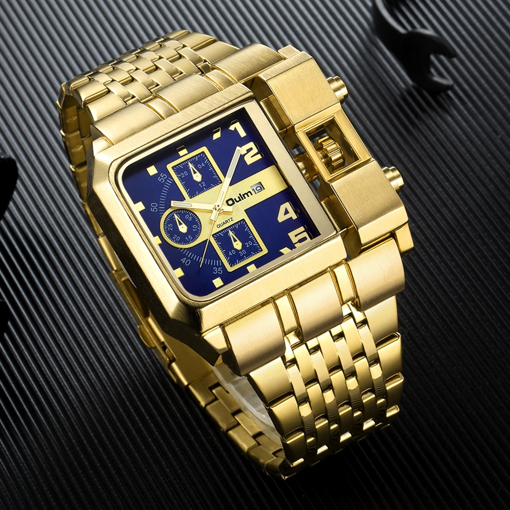 2023 Oulm Luxury Brand Gold Stainless Steel Male Watch Square Quartz Wristwatch Automatic Calendar Waterproof Relogio Masculino