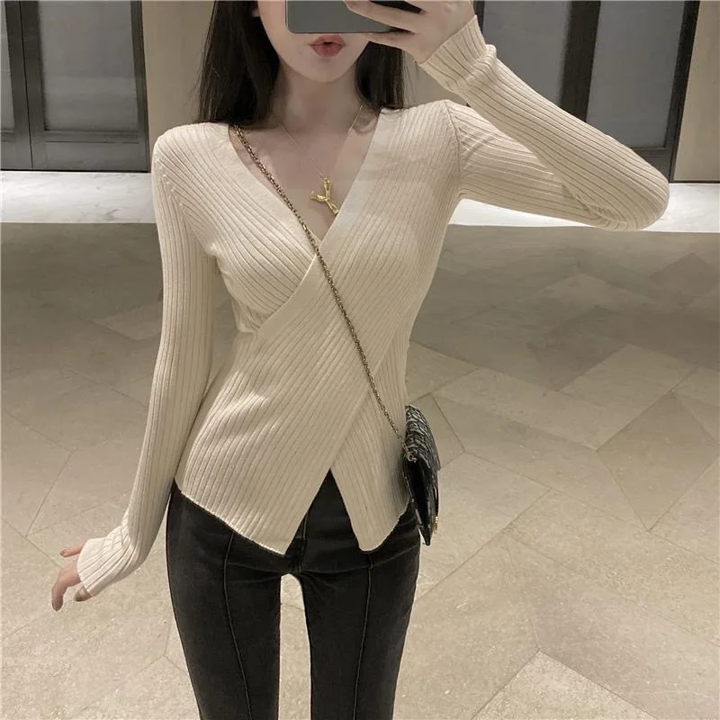 Sexy Women Pullover Autumn New Korean Slim Sweater Female High Elasticity V-neck Sweater Tops Cross-Knit Bottoming Pullover