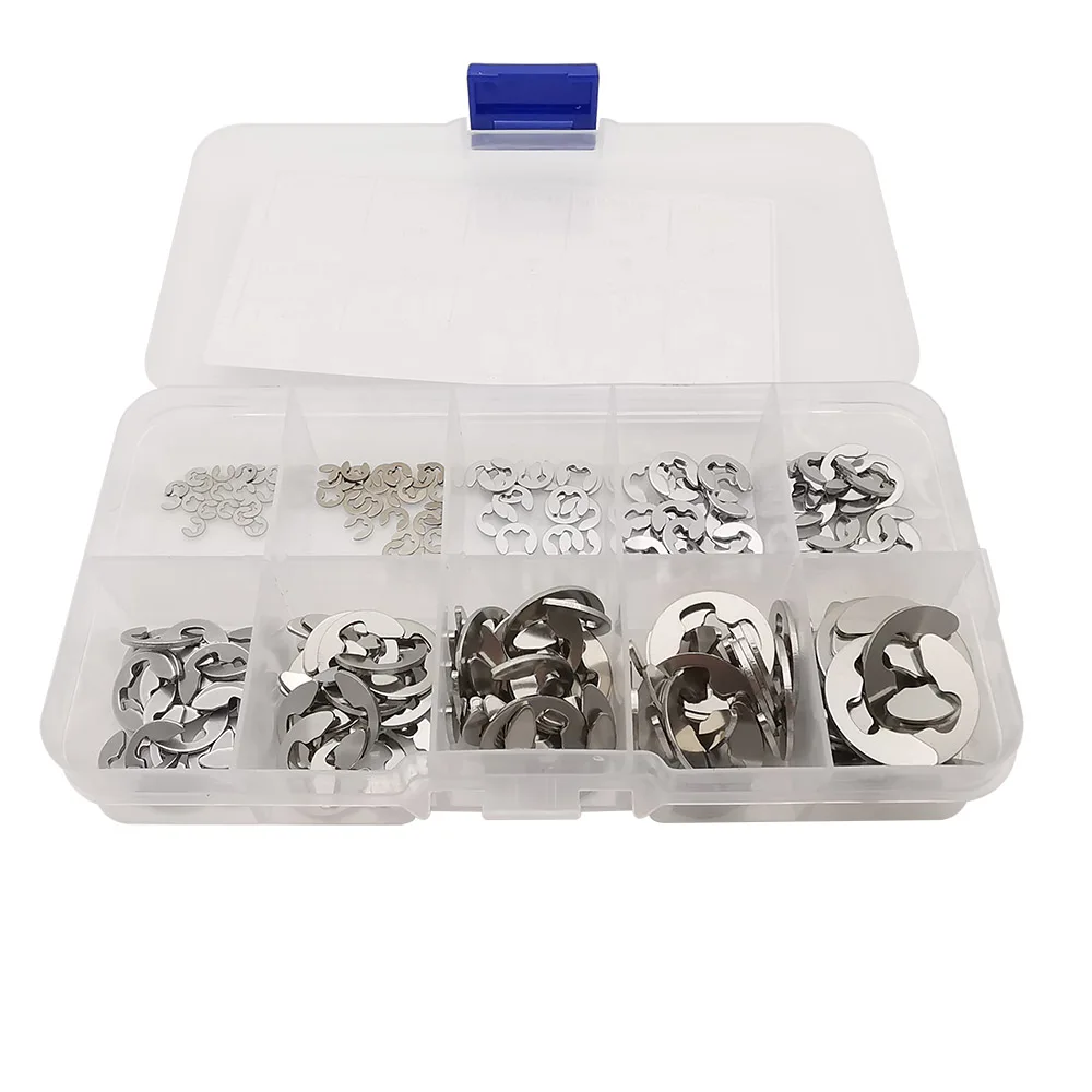 200Pcs/Box 304 Stainless Steel M1.5~M10 E Clips Washer Assortment Kit Circlip Retaining Ring for Shaft Fastener