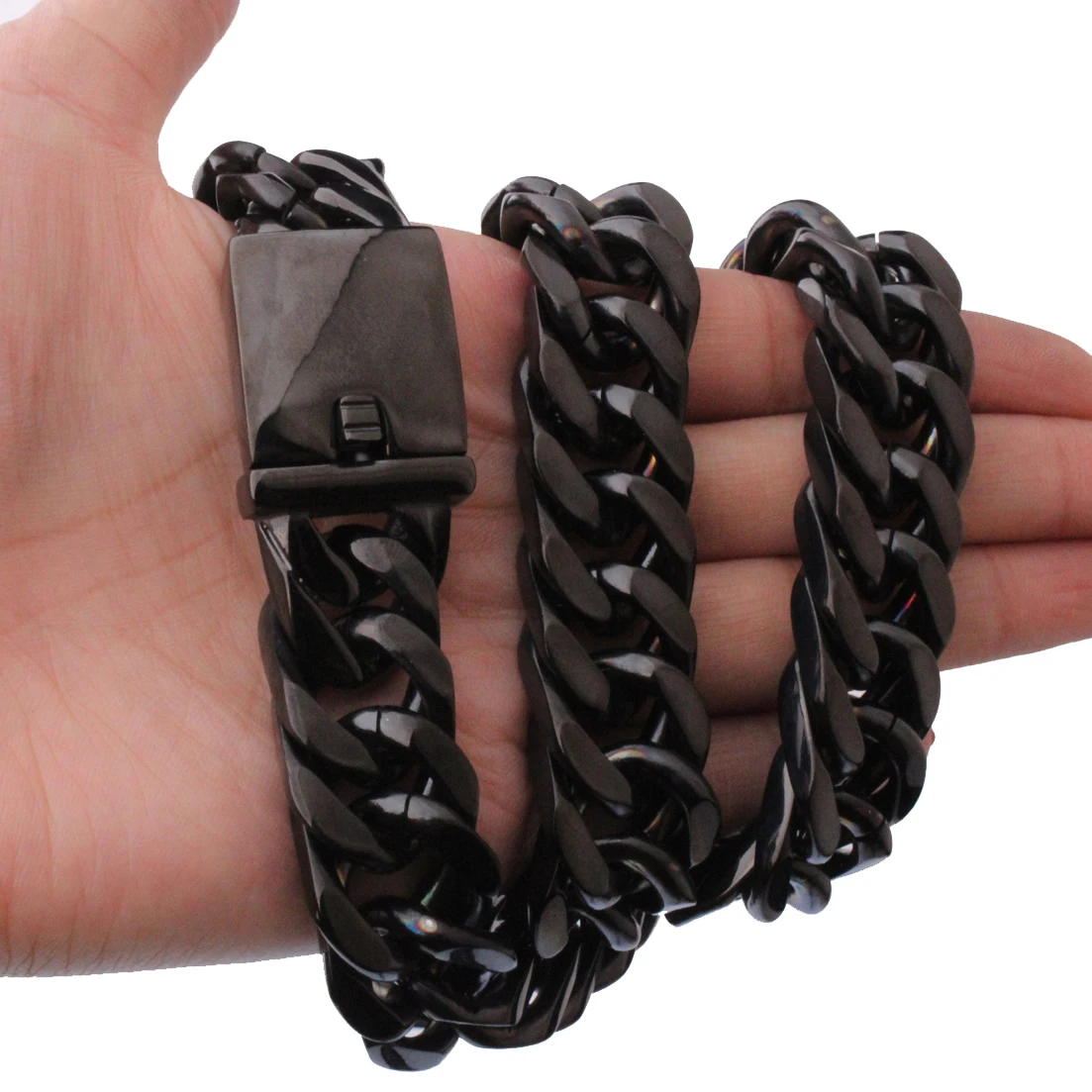 

Length 7- 30" Stainless Steel Miami Cuban Chain Necklace Bracelet Sets Big Heavy Black Color Link Chain for Men Rock Jewelry