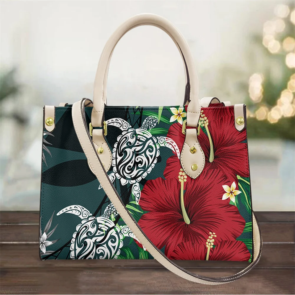 Polynesian Tribal Printed Crossbody Bag for Women Hawaiian Hibiscus Flower with Tattoo Sea Turtle Pattern Leather Handbag Female