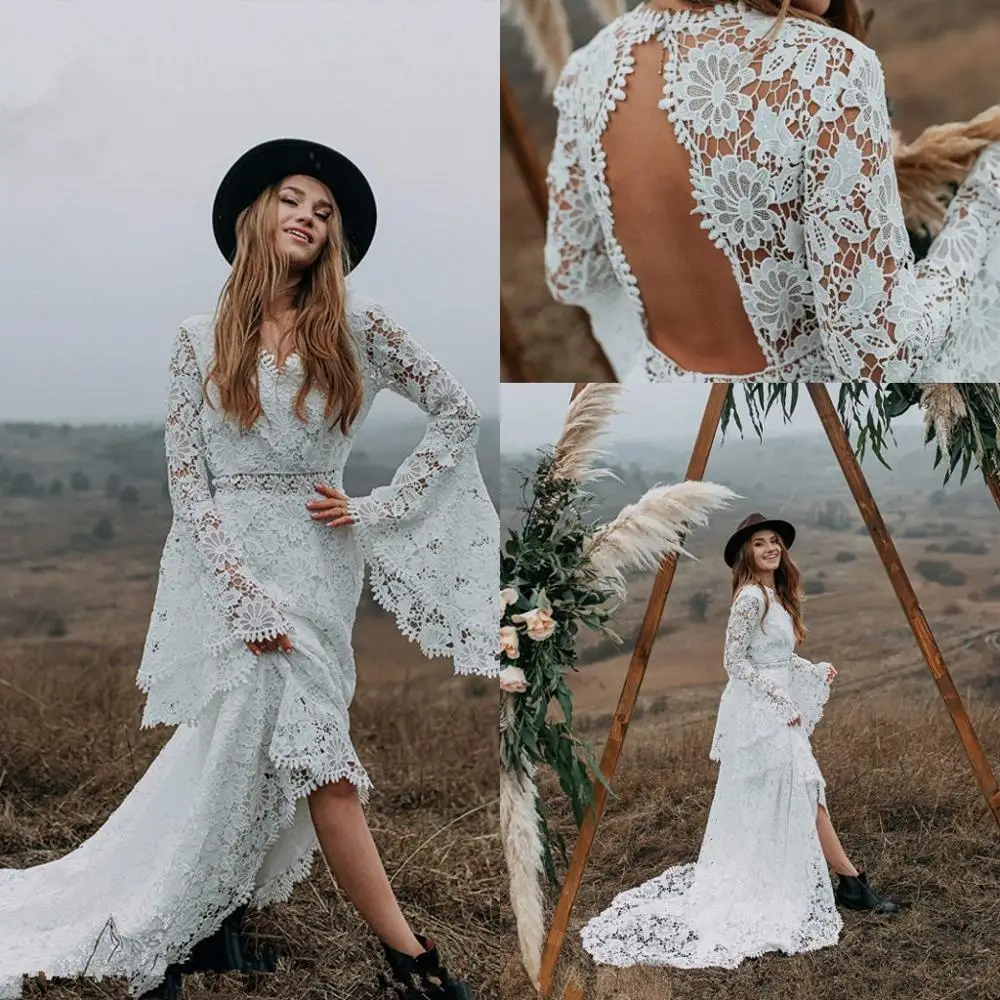 Vestidos de novia franceses de encaje de macramé con mangas largas de campana, cuello en V, Espalda descubierta, bohemio, Hippie, playa, campo, 2021