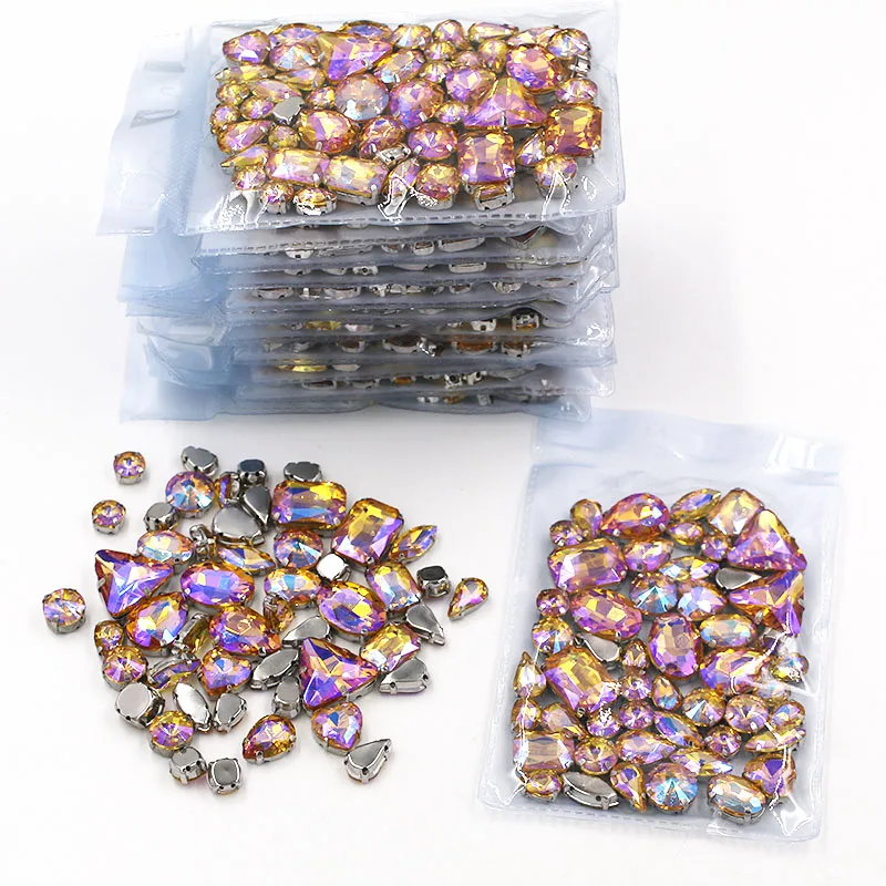 New Wholesale 5 bags mixed shape Yellow AB rhinestones glass crystal silver base sew on rhinestones for Clothing accessories