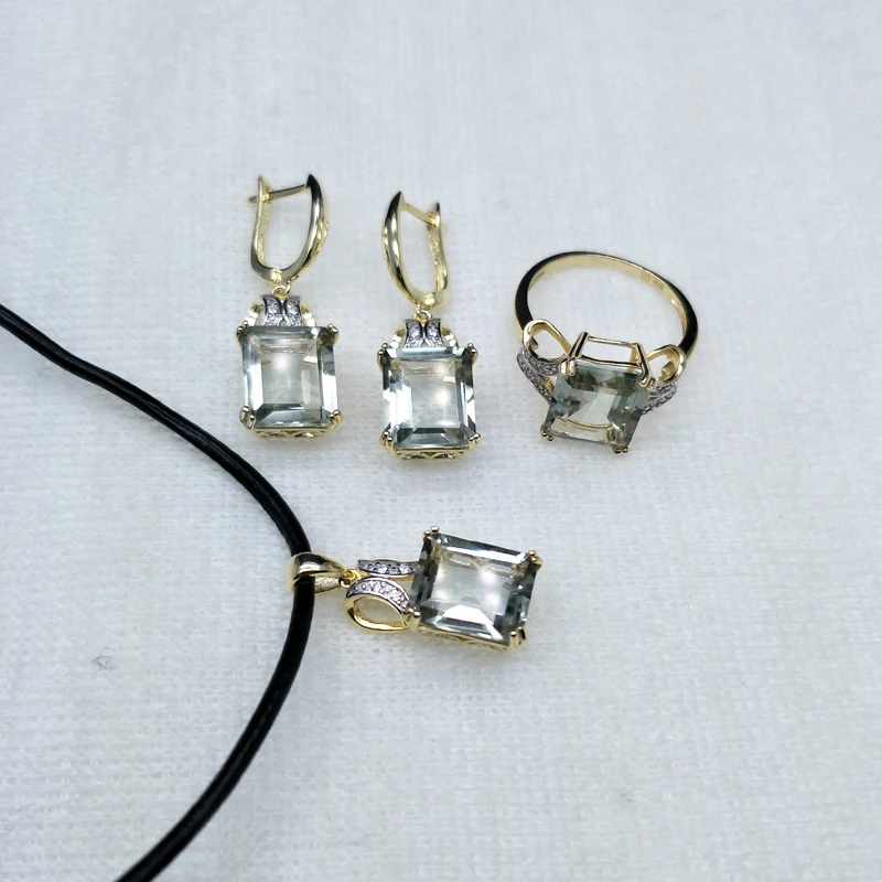 natural green amethyst quartz gemstone jewelry set Ring Necklaces and earrings 925 silver fine jewelry for women with gift box