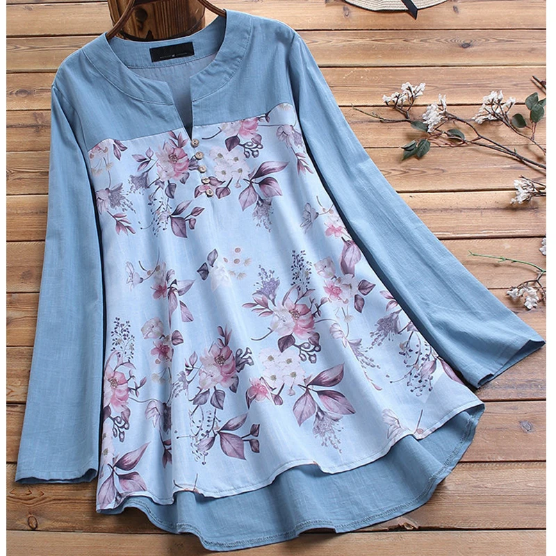 2022 New Women Vintage V Neck Top Autumn Floral Printed Blouse Long Sleeve Shirt Casual Tunic Patchwork Blusa Large Size M-5XL