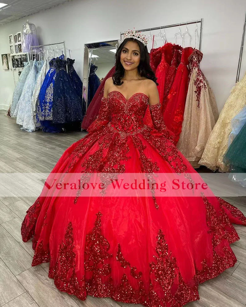 레드 스파클리 볼 가운 Quinceanera 드레스 분리형 슬리브 스위트 16 드레스 파티 착용 2022 Vestidos XV Años